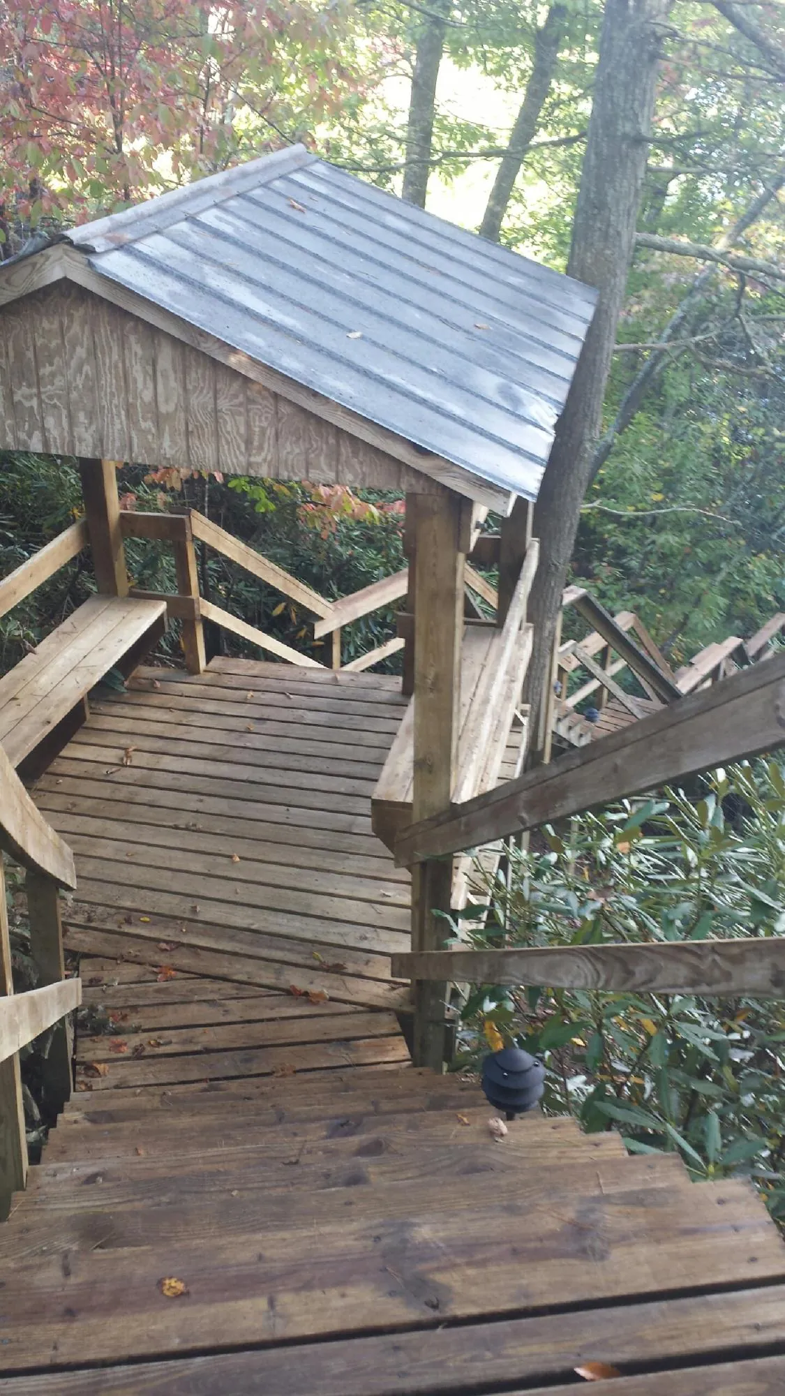 Metal roofed shelter over wooden steps on a wooded walkway — Skylight Repair & Installation work by our crew in Greentown